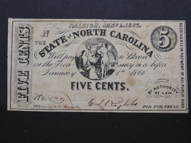 1866 North Carolina 5 Cent Fractional Currency Note. SCARCE. Nice Cond. Hand Signed and Numbered