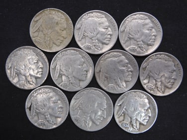 10 Mixed Date/Mixed Mint Mark Buffalo Nickels. Full Dates