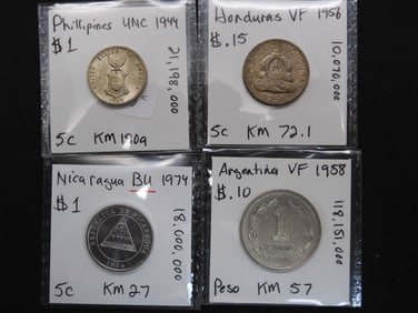4 World Coins (1974 Central America BU/1956 Honduras/1944 Philippines Unc/1958 Argentina)