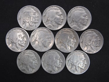 10 Mixed Date/Mixed Mint Mark Buffalo Nickels. Full Dates