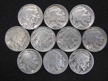 10 Mixed Date/Mixed Mint Mark Buffalo Nickels. Full Dates