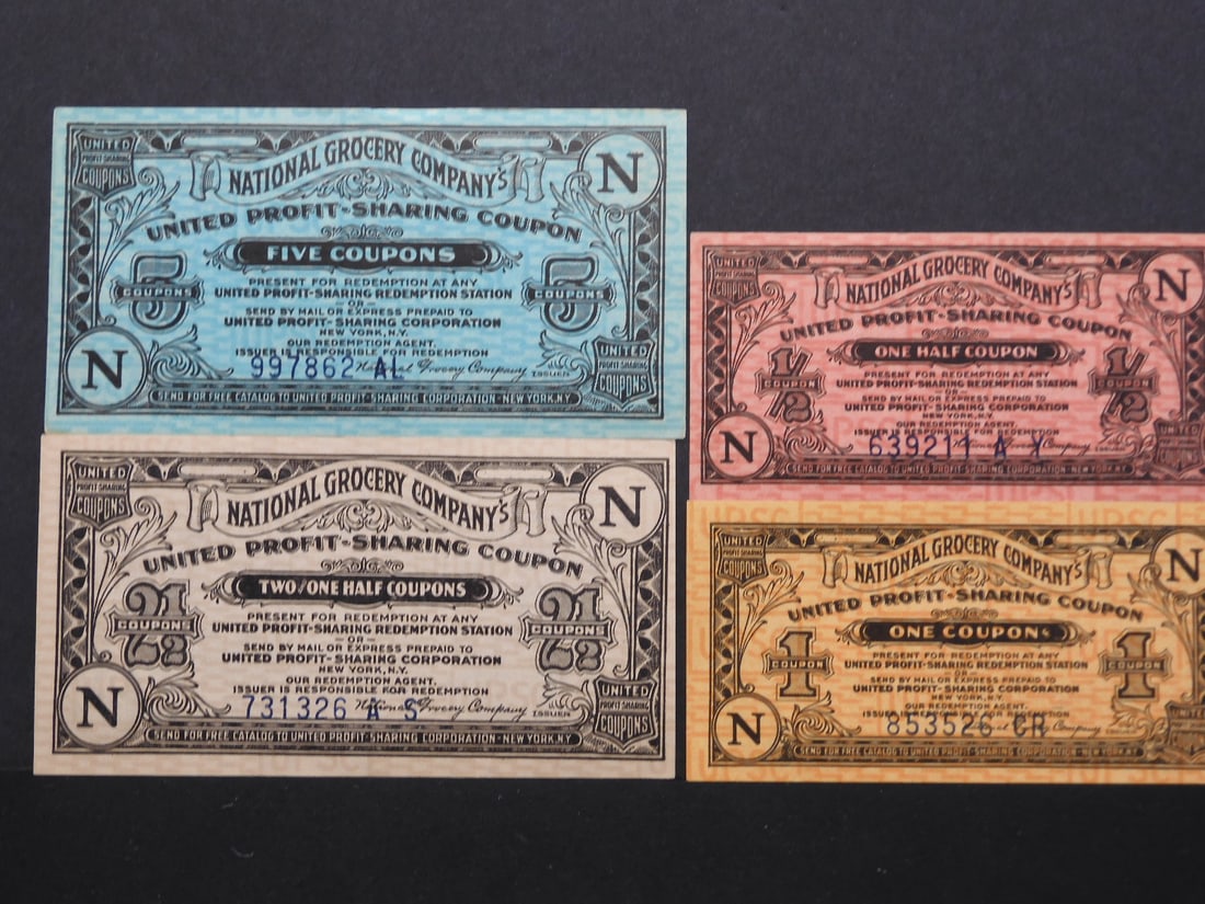 4- United Profit Sharing Nat'l Grocery Company Notes. SCARCE, CRISP UNC (1 of 6)