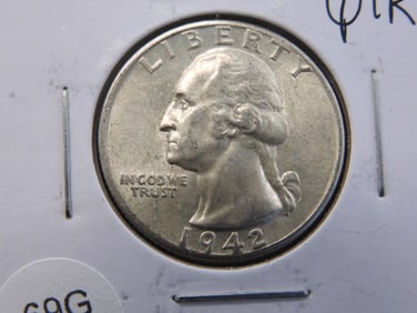 1942 Washington 25c. 90% Silver. AU/BU+