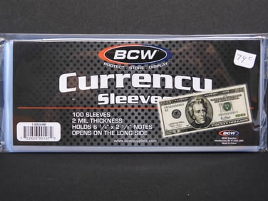 100 BCW Currency Sleeves, New/Sealed