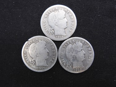 3 Consecutive (1914/1915 & 1916), 90% Silver, Barber Dimes, Over 1 century old!