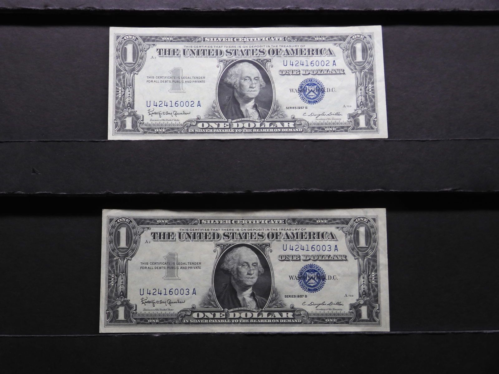 Lot of Two 1957 B Series $1 Silver Certificates - Sequential Serial #'s (1 of 6)