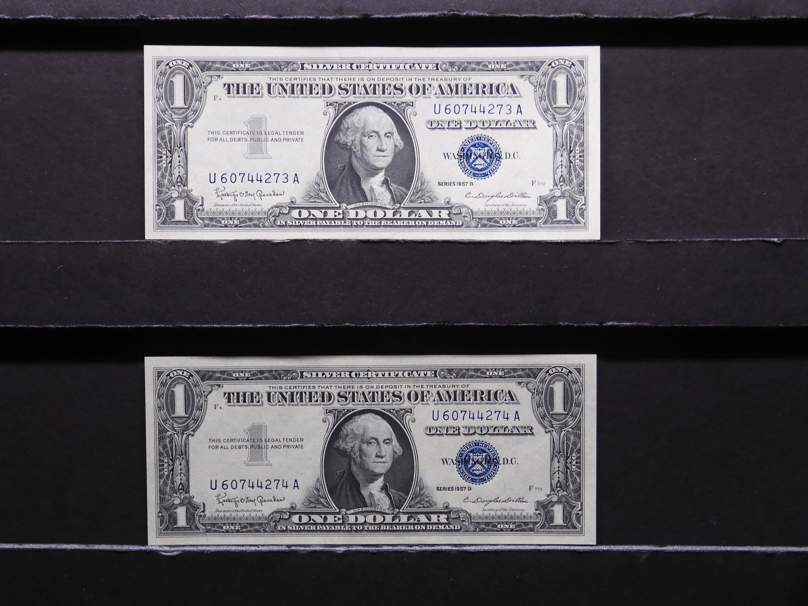 Lot of Two 1957 B Series $1 Silver Certificates - Sequential Serial #'s (1 of 6)