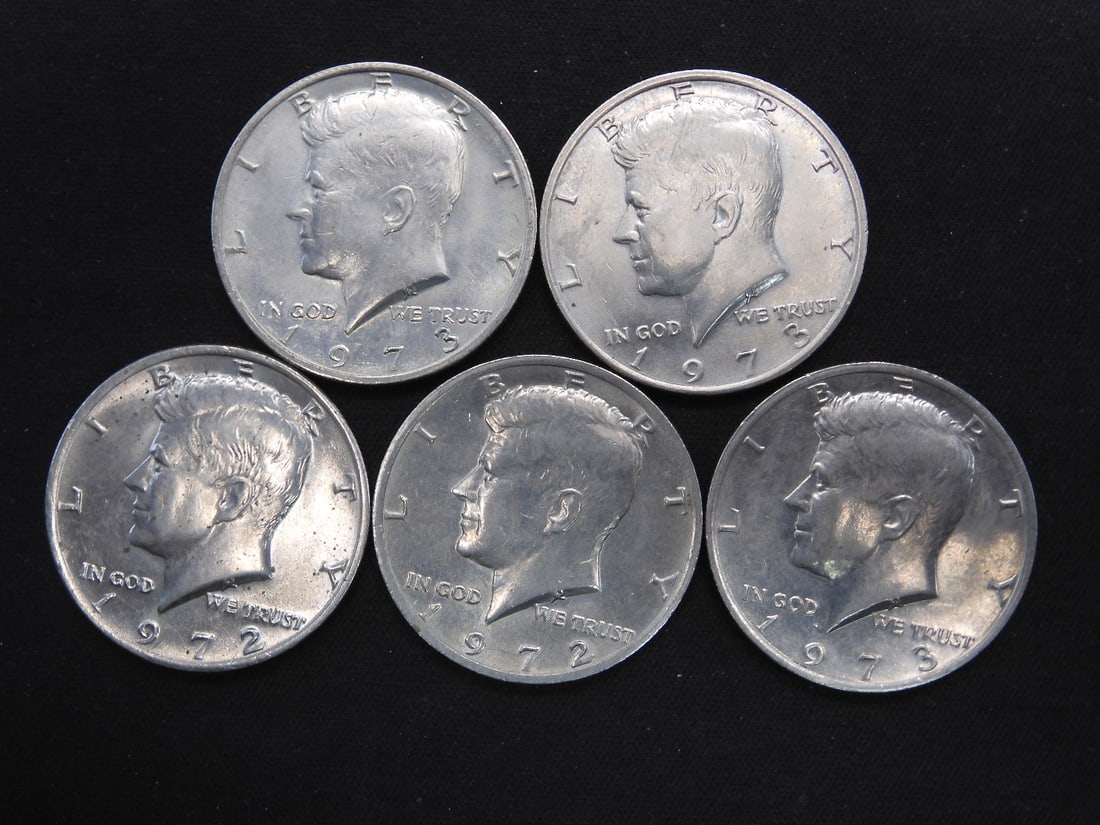 2 1972 + 3 1973 Clad Kennedy Half Dollars (1 of 2)