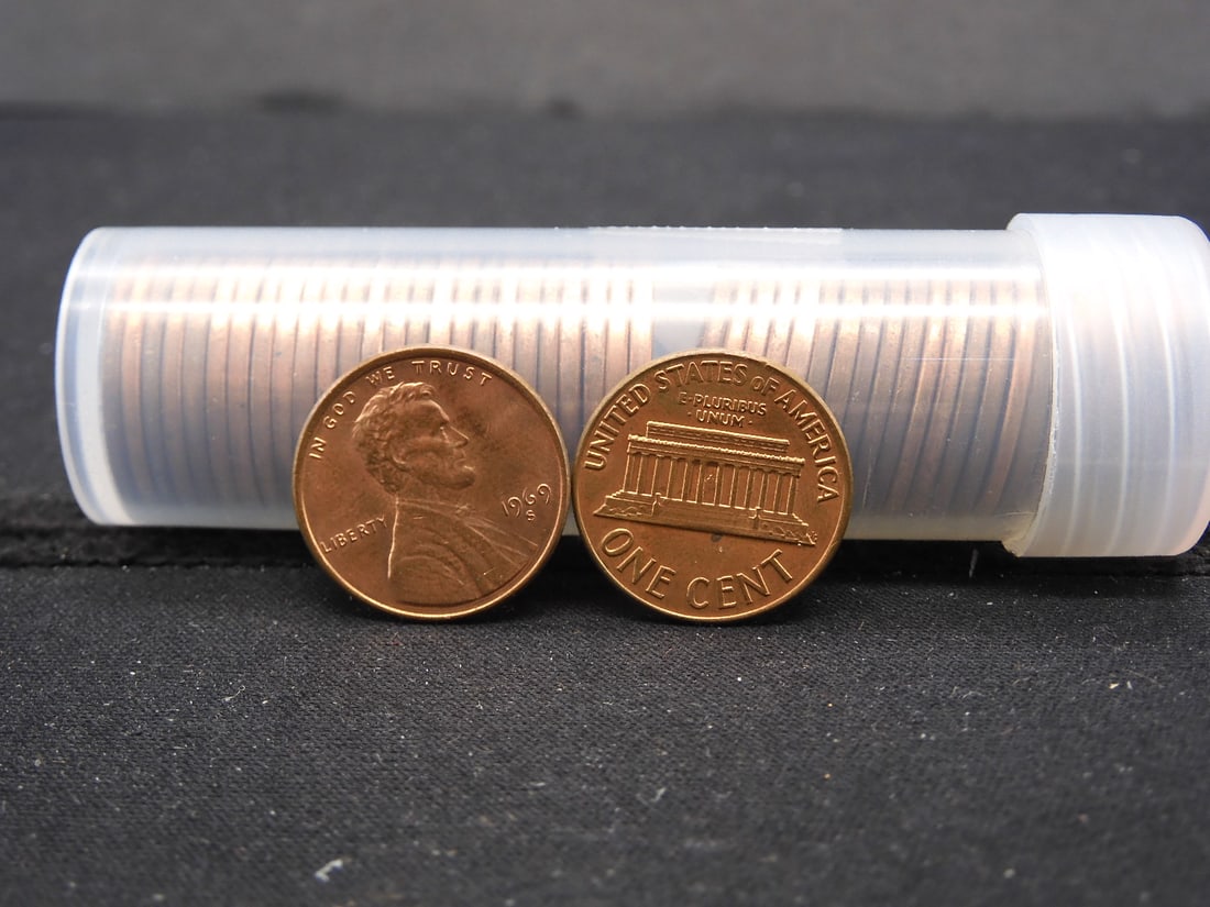 Tube of 1969-S Mostly Red Bu Copper Lincoln Memorial Cents (1 of 2)