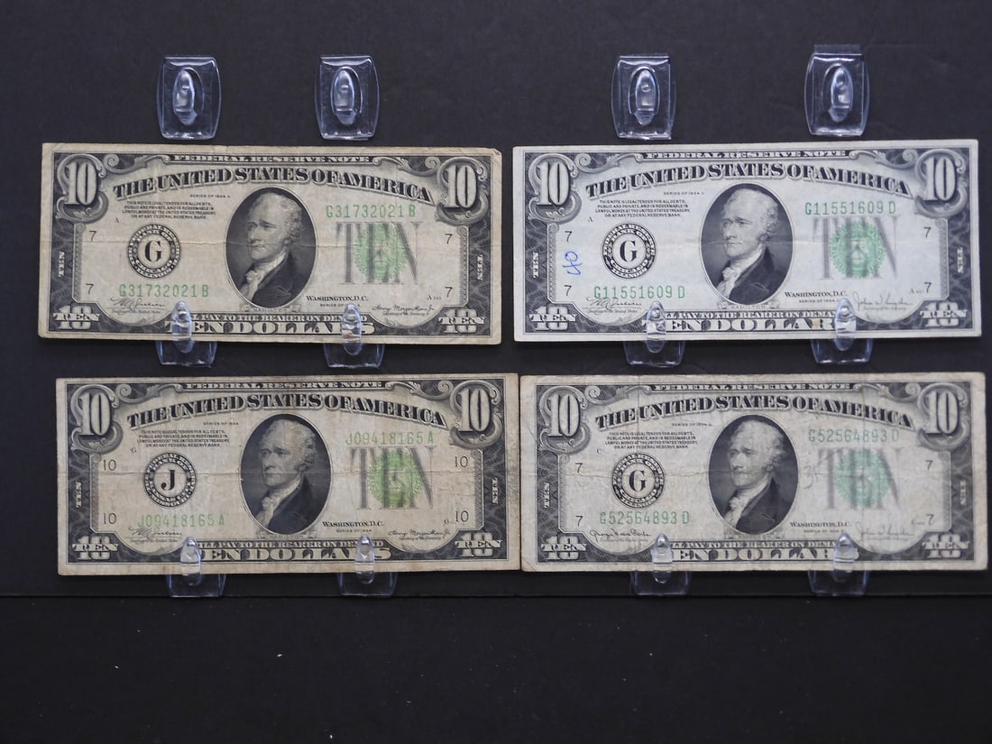 Four 1934 $10 Federal Reserve Notes: 1934 Kansas City, 1934 A, C. and D Chicago. Average circulated. (1 of 4)