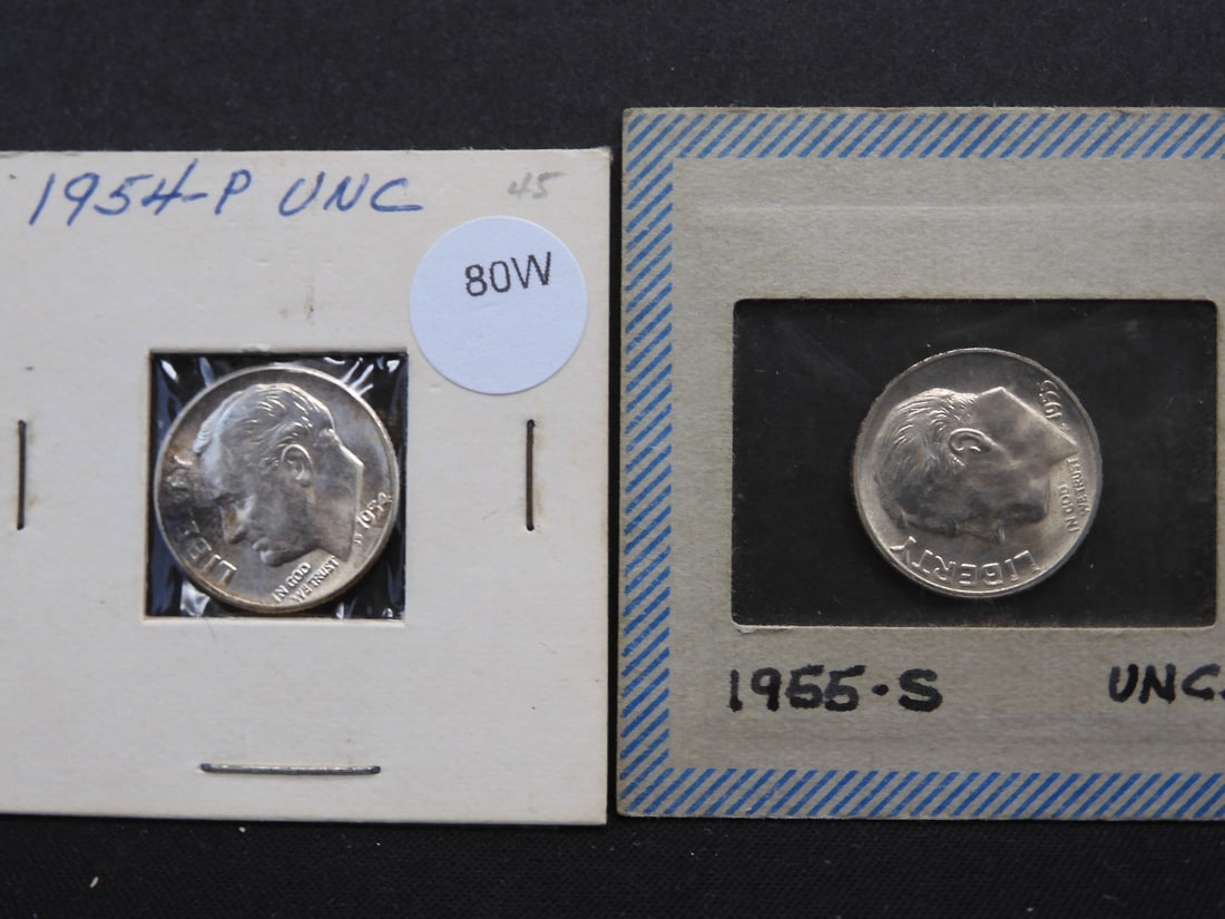 1954-P + 1955-S Uncirculated 90% Silver Roosevelt Dimes (1 of 5)