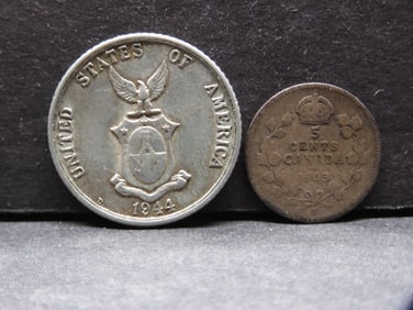 1903-H 92.5% Silver Canadian 5 Cent + 1944-D 75% Silver  Philippines 20 Centavos