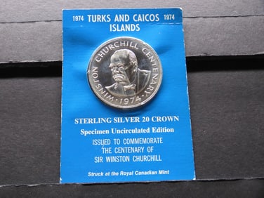 1974 SP UNC Turks & Caicos Islands - Winston Churchill 20 Crown STERLING SILVER Coin
