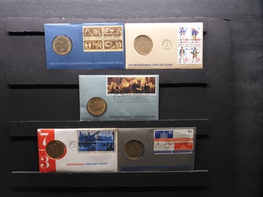 Lot of Five Various Bicentennial Medals w/ First Day of Issue Stamps