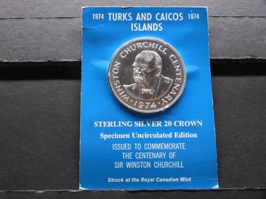 1974 SP UNC Turks & Caicos Islands - Winston Churchill 20 Crown STERLING SILVER Coin