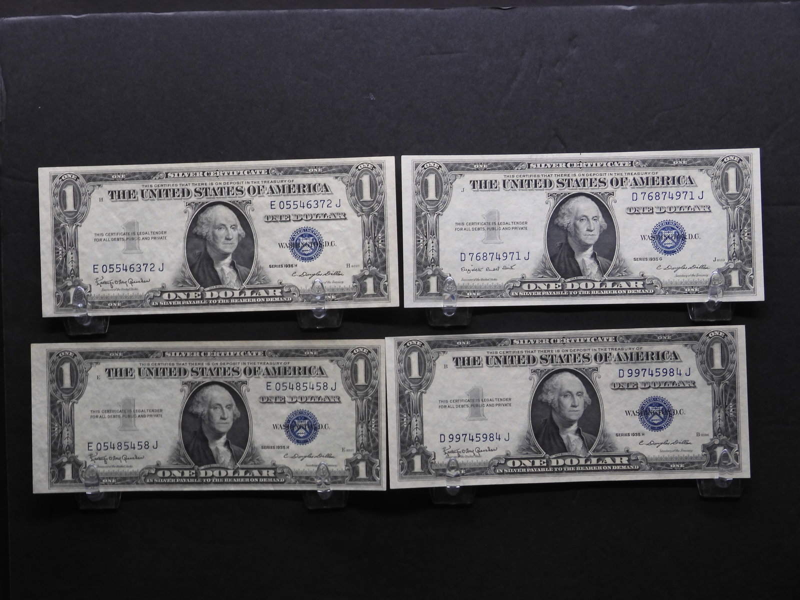 4 Bright Crisp AU-BU (1) 1935-G, (3) 1935-H $1 U.S. Blue Seal Silver Certificates.  Busts Of (1 of 4)