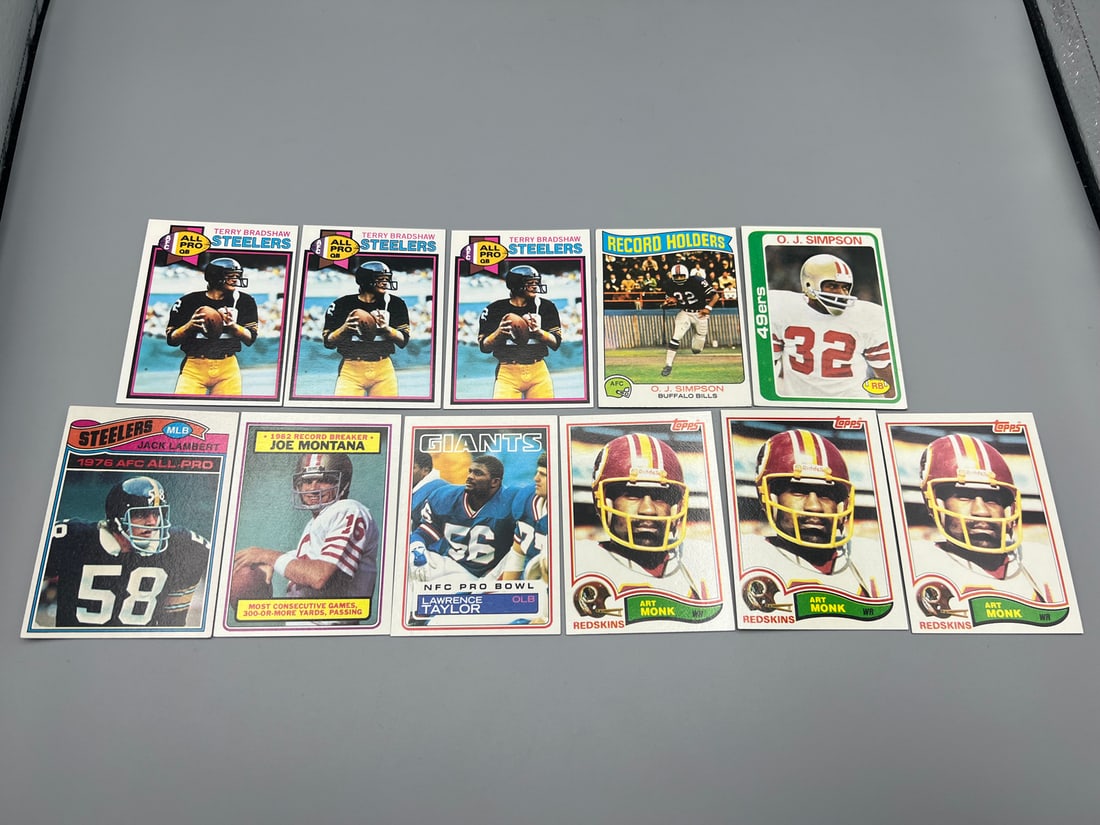 Lot of (11) Assorted Vintage Football Star Player Cards - Varying Conditions - Terry Bradshaw, O.J.: Lot of (11) Assorted Vintage Football Star Player Cards - Varying Conditions - Terry Bradshaw, O.J. Simpson, Joe Montana