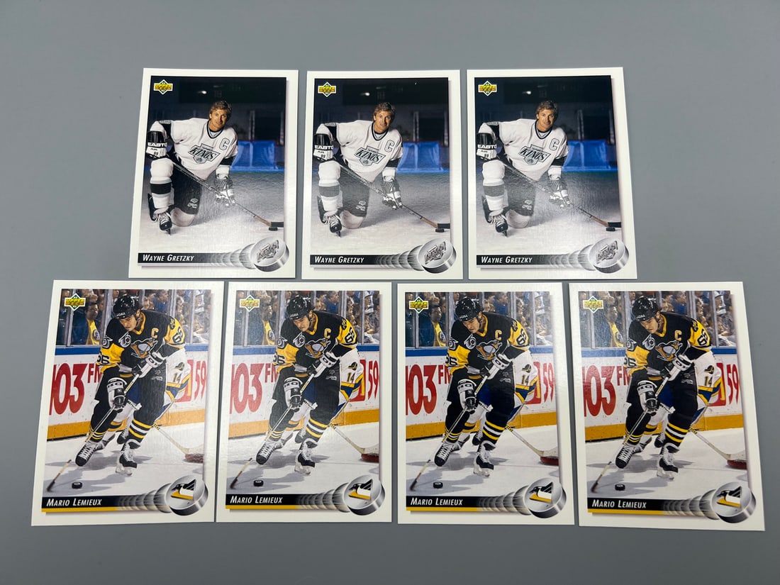 Lot of (7) Assorted Hockey Star Player Cards - Varying Conditions - Wayne Gretzky & Mario Lemieux: Lot of (7) Assorted Hockey Star Player Cards - Varying Conditions - Wayne Gretzky & Mario Lemieux