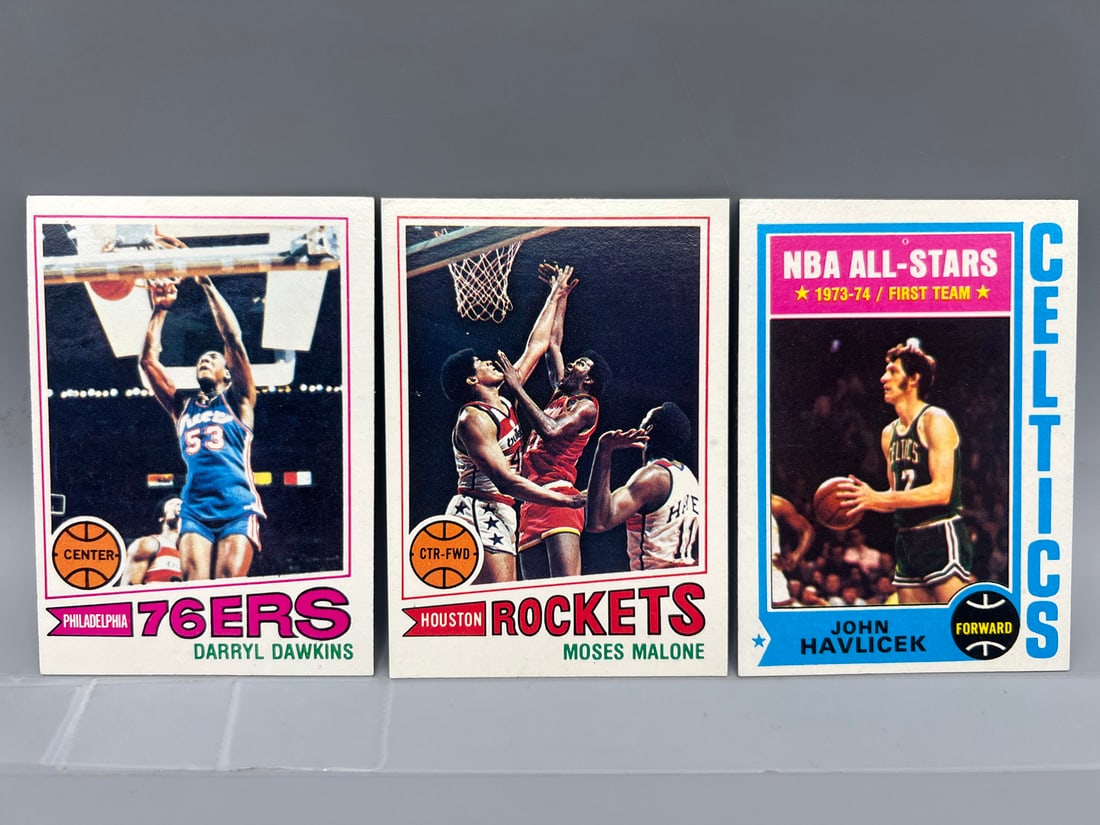1977-78 Topps Darryl Dawkins #132, 1977-78 Topps Moses Malone #124, & 1974-75 Topps John Havlicek: 1977-78 Topps Darryl Dawkins #132, 1977-78 Topps Moses Malone #124, & 1974-75 Topps John Havlicek #100