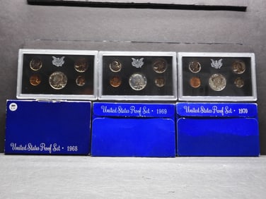 1968-S 1969-S 1970-S United States 5-Coin Proof Sets In Original Unopened Gov't Packaging.  Includes