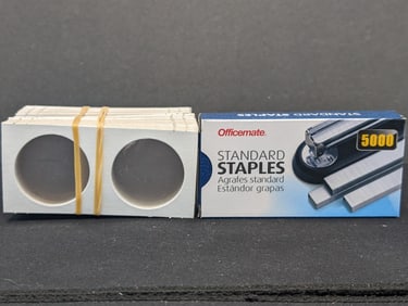 80 2x2 Dollar Coin Holders- Morgans, Ikes, Peace, Etc. & Box of Staples