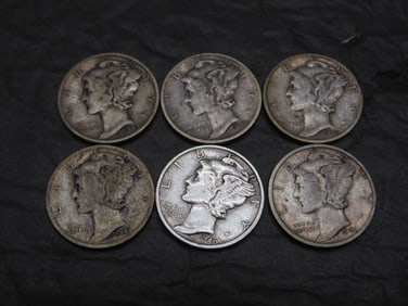 1940-S 1941-S 1942-S 1943-S 1944-S 1945-S Mercury Head Dimes.  6 Coins.