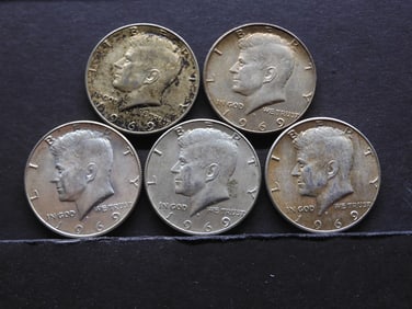 5 1969-D 40% Silver Kennedy Half Dollars