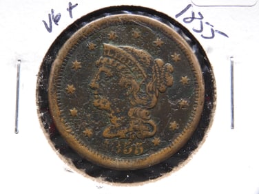 1855 Braided Hair Large Cent - Upright 5's - Almost 170 Years Old