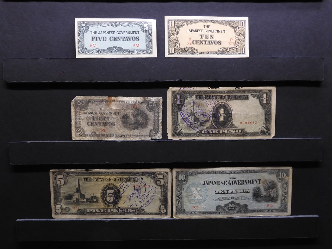 1943 Japan 5, 10, 50 Centavos And 1, 5, 10 Pesos Philippines WWII Military Invasion Currency. 6: 1943 Japan 5, 10, 50 Centavos And 1, 5, 10 Pesos Philippines WWII Military Invasion Currency. 6 Notes.