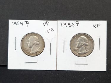 1954-P (VF) + 1955-P (XF) 90% Silver Washington Quarters