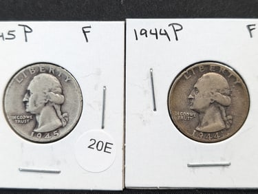 1944-P + 1945-P 90% Silver Washington Quarters- Both Fine