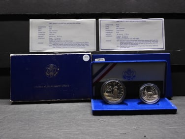 1986-S US Mint Ellis Island Statue Of Liberty Commemorative Silver Dollar & Half Dollar With OGP &