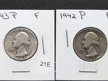 1942-P + 1943-P 90% Silver Washington Quarters- Both Fine