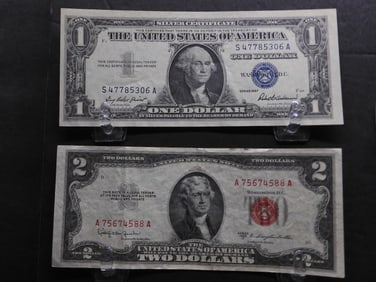 1957 & 1953-C Bright Crisp Uncirculated $1 & $2 Blue & Red Seal Silver Certificate & U.S. Note.