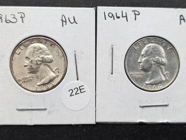 1963-P + 1964-P 90% Silver Washington Quarters- Both AU