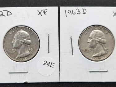 1962-D + 1963-D 90% Silver Washington Quarters- Both XF