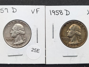 1957-D (VF) + 1958-D (XF) 90% Silver Washington Quarters