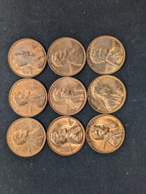 (9) Mixed Date Red Uncirculated Copper Lincoln Memorial Cents