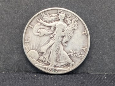 1947-D Walking Liberty 50c. 90% Silver. Last Yr.