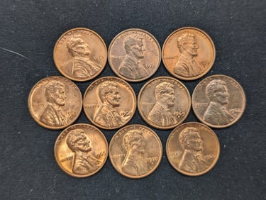 (10) Mixed Date Copper Red Uncirculated Lincoln Memorial Cents