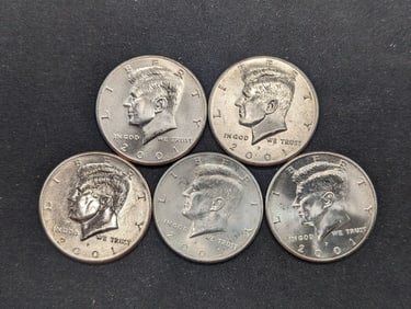 5 2001-P Clad Kennedy Half Dollars Uncirculated From Canvas Mint Bag