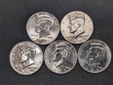5 2005-D Clad Kennedy Half Dollars Uncirculated From Canvas Mint Bag