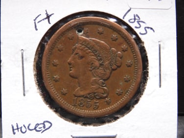 1855 Braided Hair Large Cent - Upright 5's - Great Details/Small Hole
