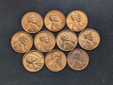 (10) Mixed Date Red BU 1950's Lincoln Wheat Cents, No Duplicates