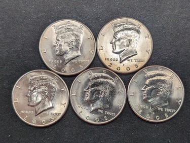 5 2005-P Clad Kennedy Half Dollars Uncirculated From Canvas Mint Bag