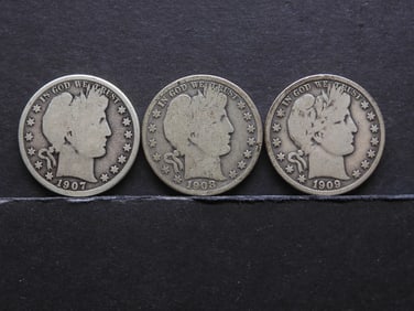 1907-O 1908-O 1909-P United States Barber Half Dollars.  3 Coins.