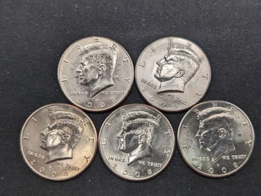 5 2008-D Clad Kennedy Half Dollars Uncirculated From Canvas Mint Bag