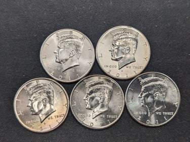 5 2011-D Clad Kennedy Half Dollars Uncirculated From Canvas Mint Bag
