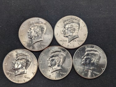 5 2011-P Clad Kennedy Half Dollars Uncirculated From Canvas Mint Bag