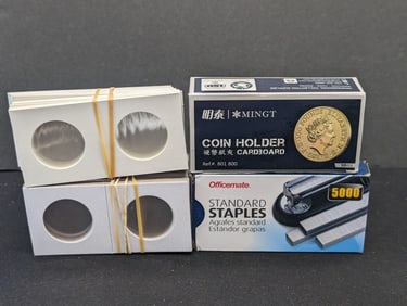 140 Half Dollar Coin Holders & Box of Staples